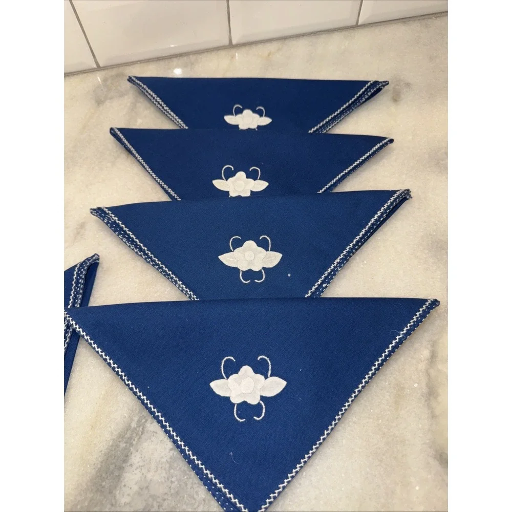 Vintage‎ Navy Blue Applaud White Flowers Napkins Set Of 8